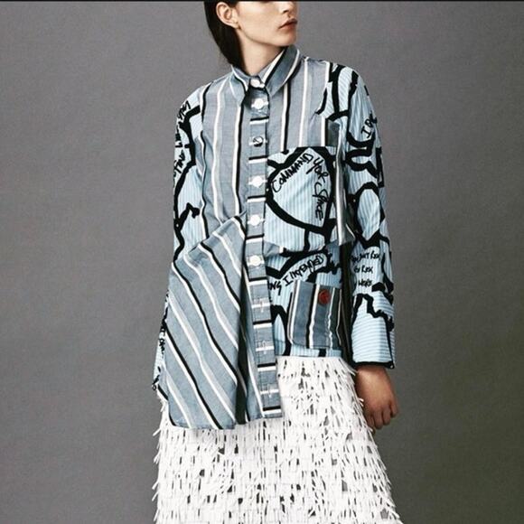 Teatum Jones Rare Patchwork Lagenlook Split Hem Flare Sleeves Button Down Size 8